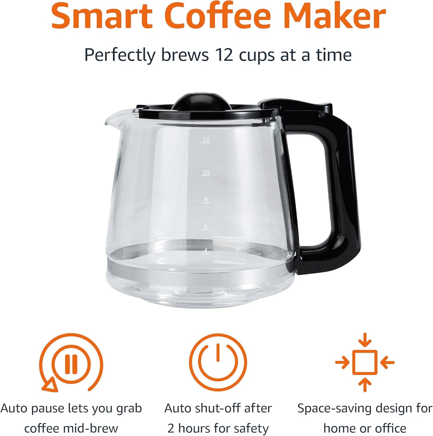 Amazon Basics 12 Cup Drip Coffee Maker, Coffee Machine with Glass Coffee Pot (1.9 Qt), Auto Shut-off, Auto Pause, Removable Filter Basket, Black & Silver