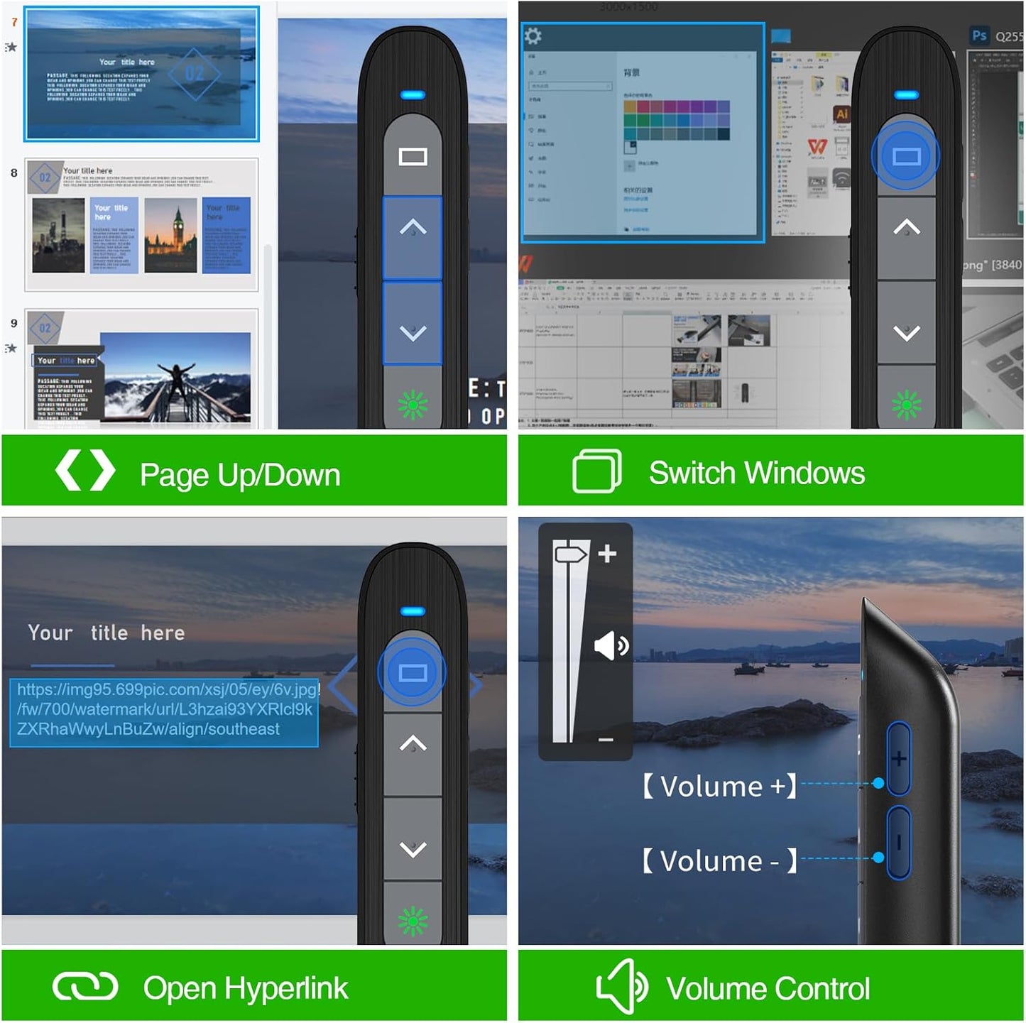 USB C Rechargeable Presentation Clicker with Green Light,Remote Clicker for Presentations Wireless Presenter Slide Changer PPT Advancer Pointer with Volume Control for Laptop Computer