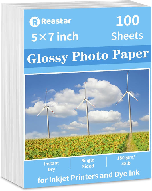 Photo Paper 5 x 7inches, 100 Sheets Glossy Photo Printer Paper, Instant Dry Picture Paper for DIY Chip Bag, Flyers, Cards, Calendars and Brochures(180gsm/48lb)
