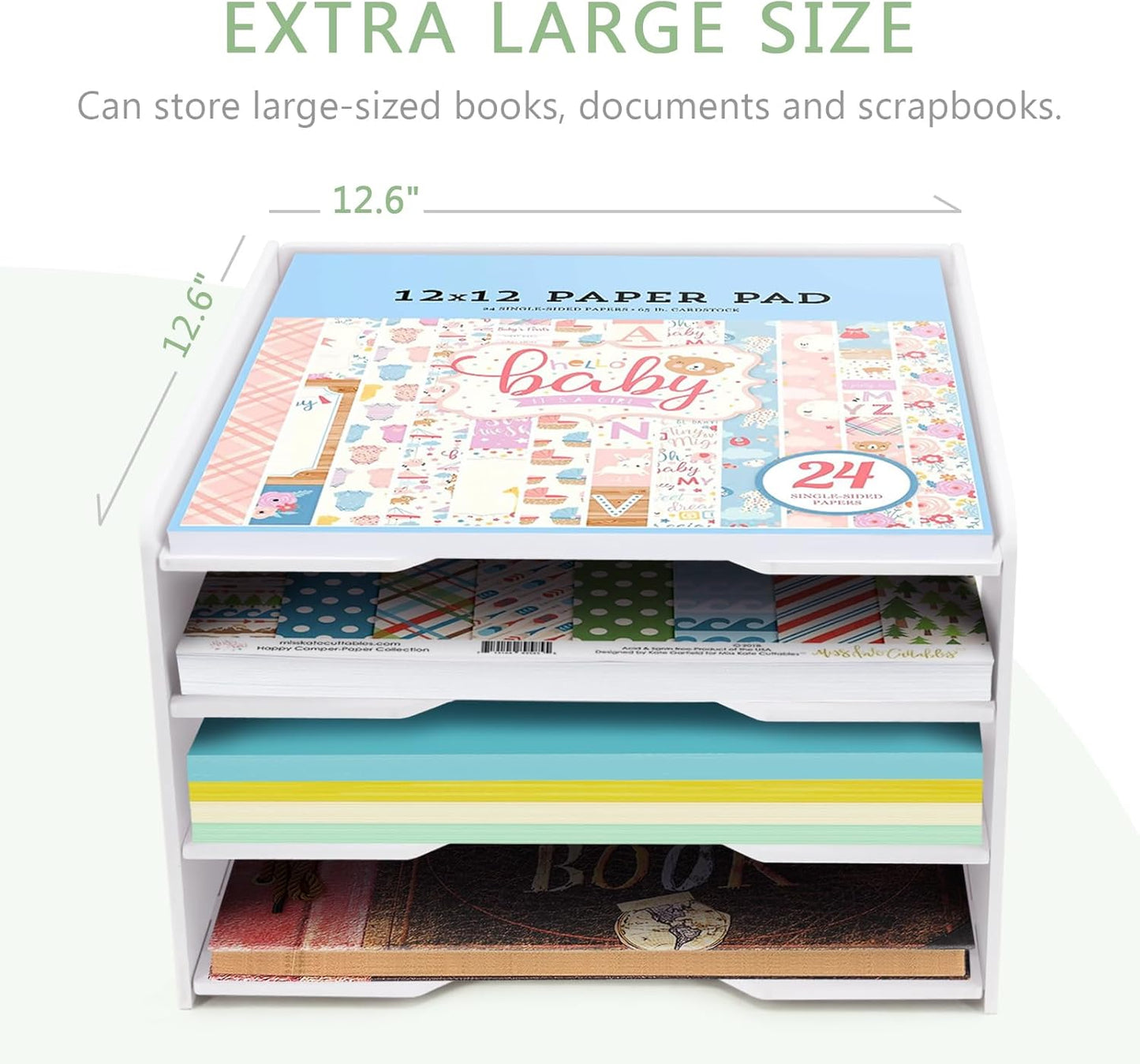 SONGWAY Scrapbook Paper Organizer 12x12-4 Tier File Organizer for Desk, 12x12 Stackable Scrapbook Paper Storage Trays, Desktop File Storage Cube for Home Office School