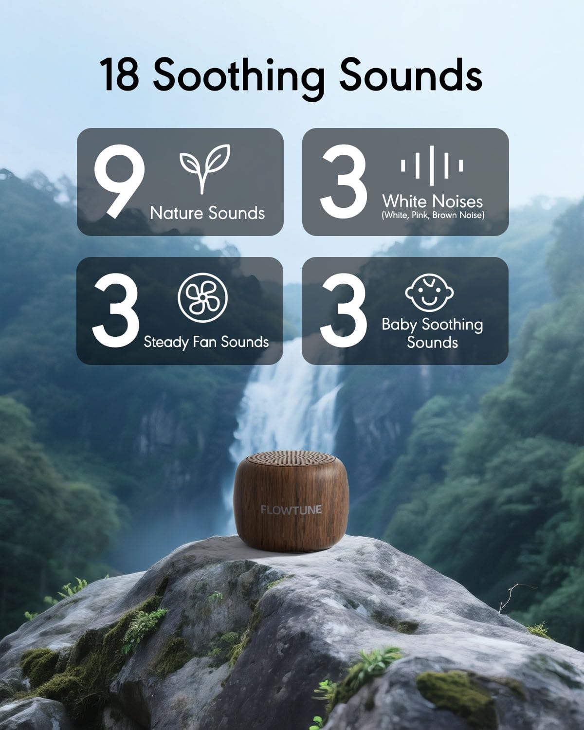 Sound Machine Flowtune White Noise Machine for Baby Adults, Mini Portable Sound Machine for Travel, 6H Timer, 18 Soothing Sleep Sounds Gift (Wood Grain)