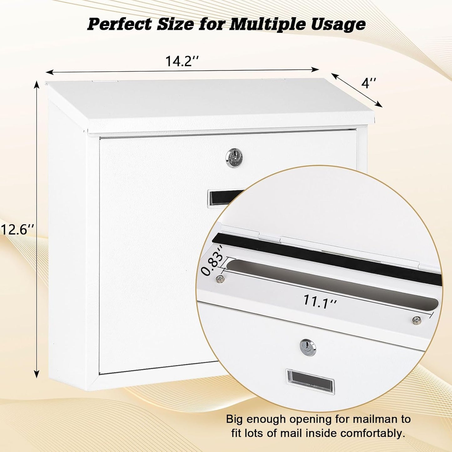 xydled Mail Boxes with Key Lock,Locking Mailbox Wall Mounted,Security Metal Mailbox Drop Box, Modern Large Capacity,Steel Cover Metal Postbox for House Home Outside, White, 14.2''x12.6''x4''
