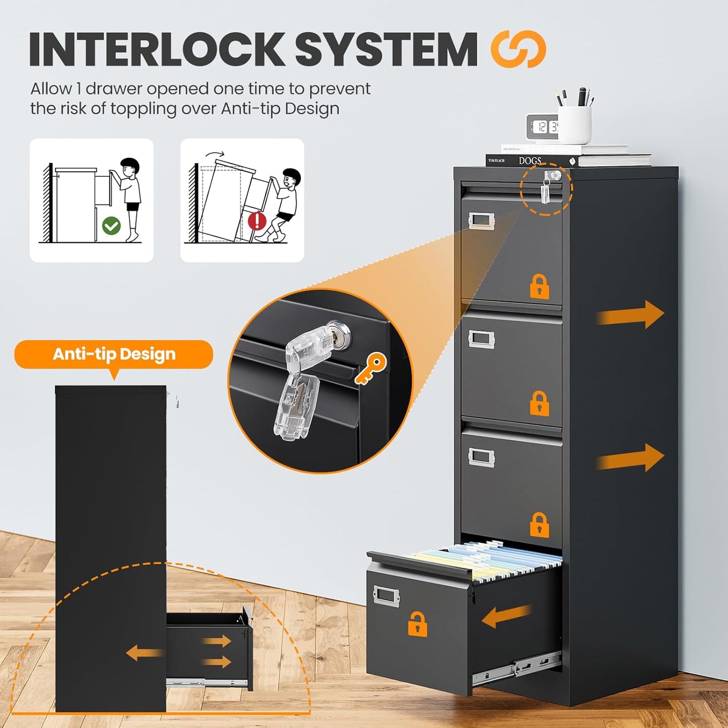 4 Drawer File Cabinet with Lock, Metal File Cabinets for Home Office,18" Deep Vertical Black Filing Cabinets Office Storage Cabinet for Letter/Legal / A4 / F4 Size, and File Folders