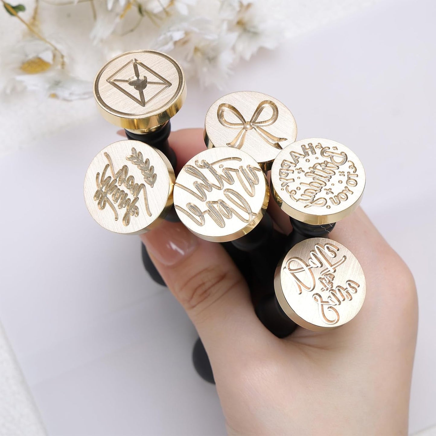 UNIQOOO 6 Pcs Wax Seal Stamp Set, Blessing Sealing Stamper Kit, Wooden Handle with Brass Head for Party Invitations, Envelops, Greeting Cards (Phrases Series)