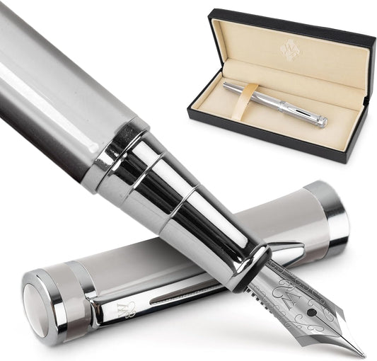 Wordsworth & Black Fountain Pen Set, Medium Nib, Includes 6 Ink Cartridges and Ink Refill Converter, Gift Case, Journaling, Calligraphy, Smooth Writing Pens [Silver Chrome] Perfect for Men and Women
