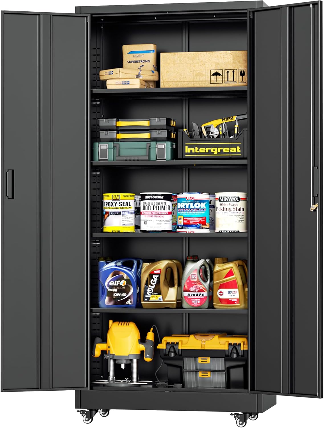 INTERGREAT Rolling Storage Cabinet, 73" Tall Lockable Tool Cabinet with Pegboard and Shelves, Heavy-Duty File Cabinet with Wheels for Garage, Basement, Warehouse, Black