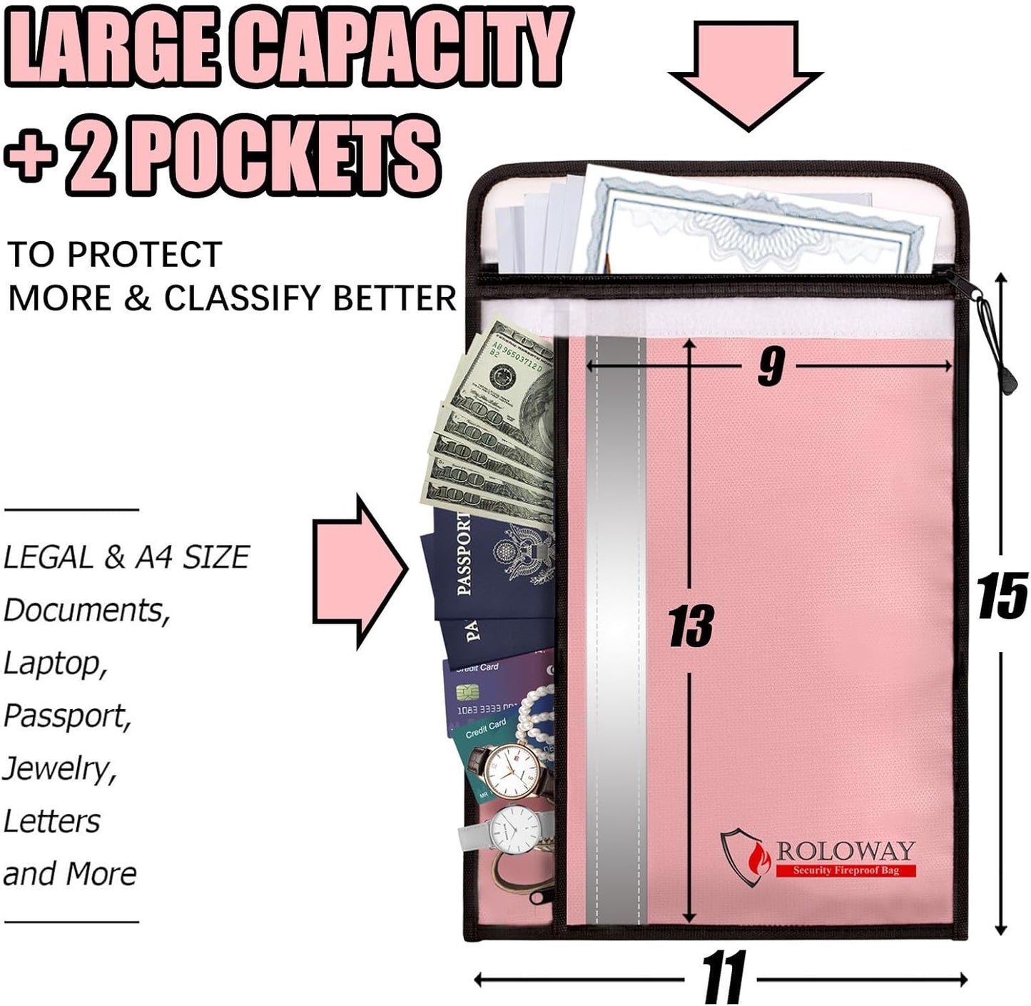 ROLOWAY Fireproof Document Bag (15 x 11 inch) with 2 Pockets & Waterproof Zipper, Fireproof Money Bag, Fire Safe Bag with Reflective Strip, Fireproof Envelope for Cash, Legal Documents Safe (Pink)