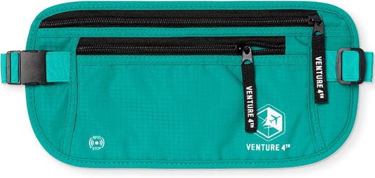 VENTURE 4TH Travel Money Belt - Slim Passport Holder RFID Blocking Travel Pouch to Protect Cash, Credit Cards and Travel Documents (Turquoise)