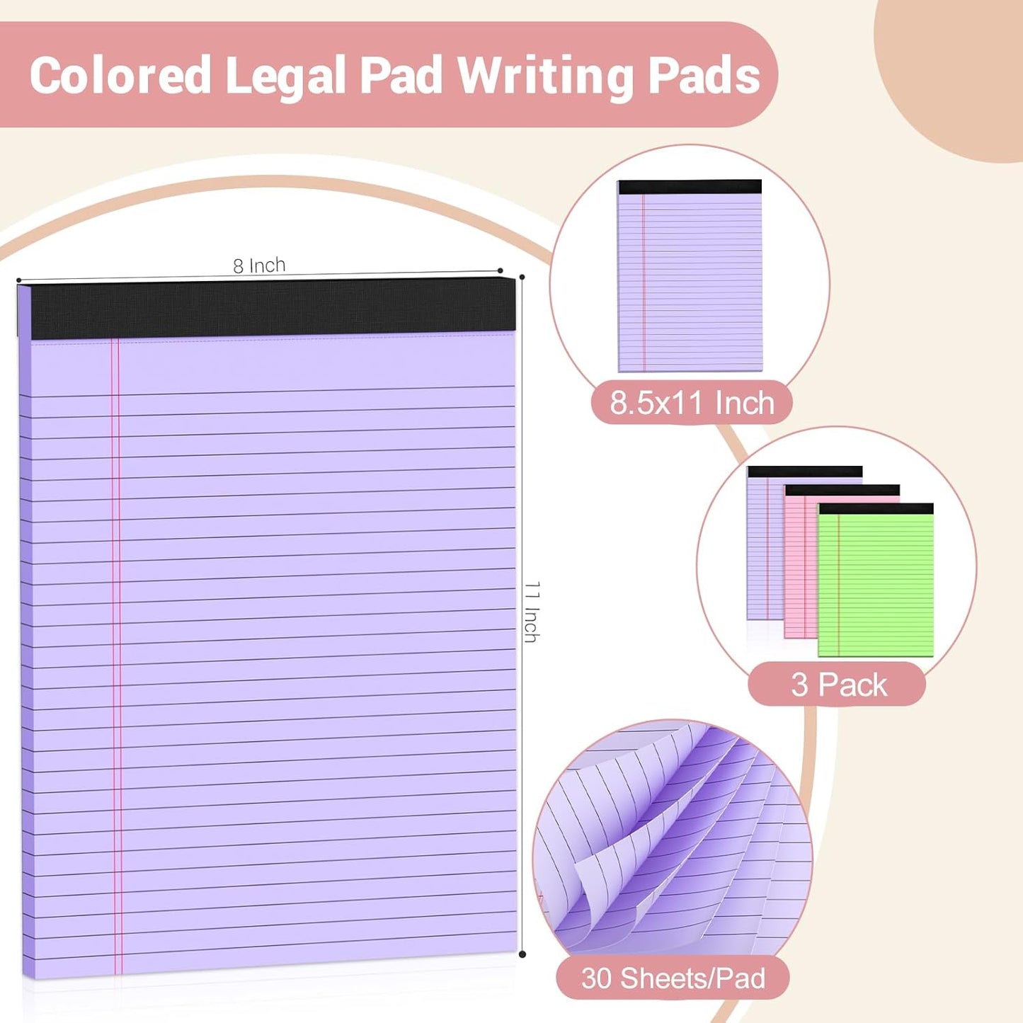 Legal Pads 8.5 x 11 Colored Notepad, 3 Pack Note Pads Wide Ruled Lined Paper, Micro Perforated Writing Pads, 30 Sheet/Note Pads, Notebook Paper Tablet for School, Pink Legal Pad 8.5 x 11
