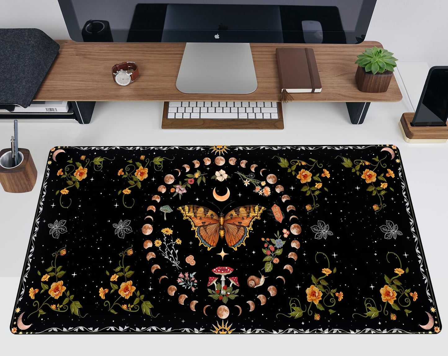 Moth Desk Pad Mushroom Phase Moon Phase Desk Mat, Boho Flowers and Leaves Computer Big Mouse Pad Washable Cloth Non-Slip Rubber Base Keyboard Pad Mouse Mat for Office with Stitched Eges 31.5x15.7 in