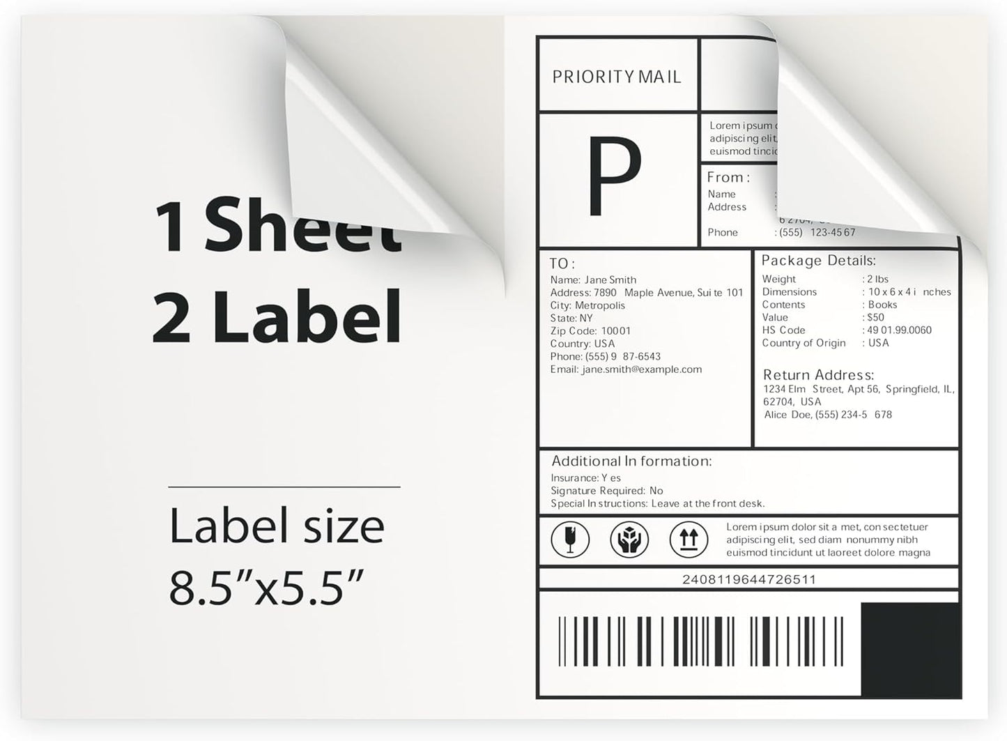 500 Sheet (1000 Labels) | 8.5" x 11" 2 UP Half Sheet Self Adhesive Shipping Labels for Laser & Inkjet Printers | Ecommerce, Address, Mailing, Labeling, Packaging