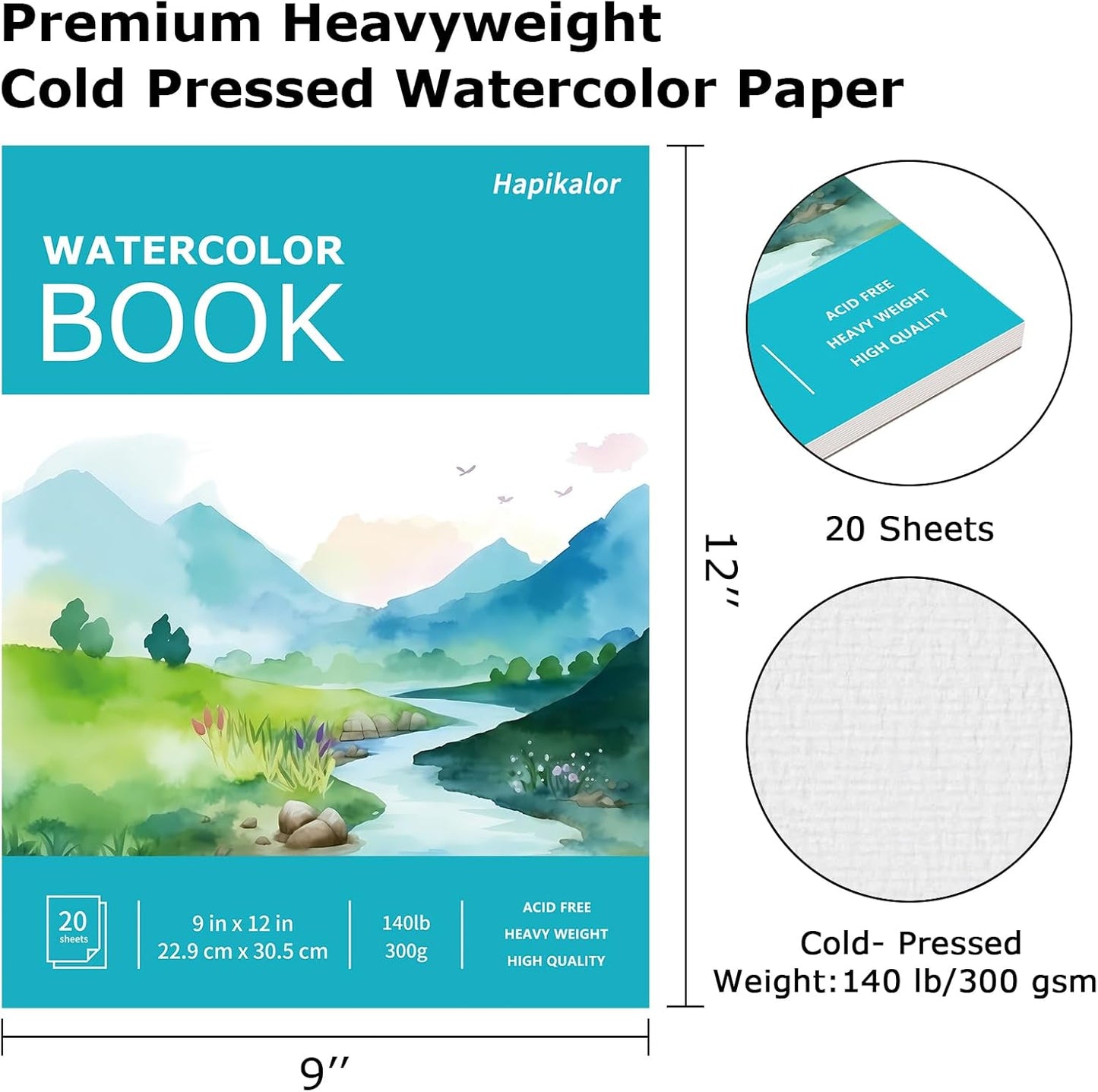Hapikalor 9"x12" Watercolor Sketchbook, 1-Pack Spiral Bound, Water Color Paper, 140lb/300gsm Watercolor Paper, Watercolor Notebook, Watercolor Journal, Sketch Pad, School Supplies, Teal