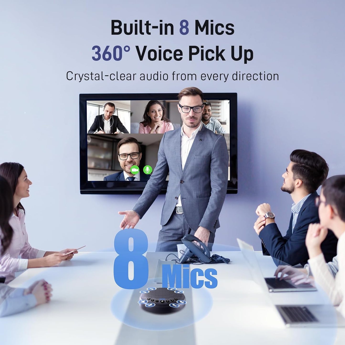 EMEET Conference Speaker and Microphone w/8 Mics, 360° Voice Pickup, Noise Reduction, Bluetooth/USB/Dongle Speakerphone for 10 People w/Daisy Chain for 18, Compatible w/Leading Platforms, 2025 Version