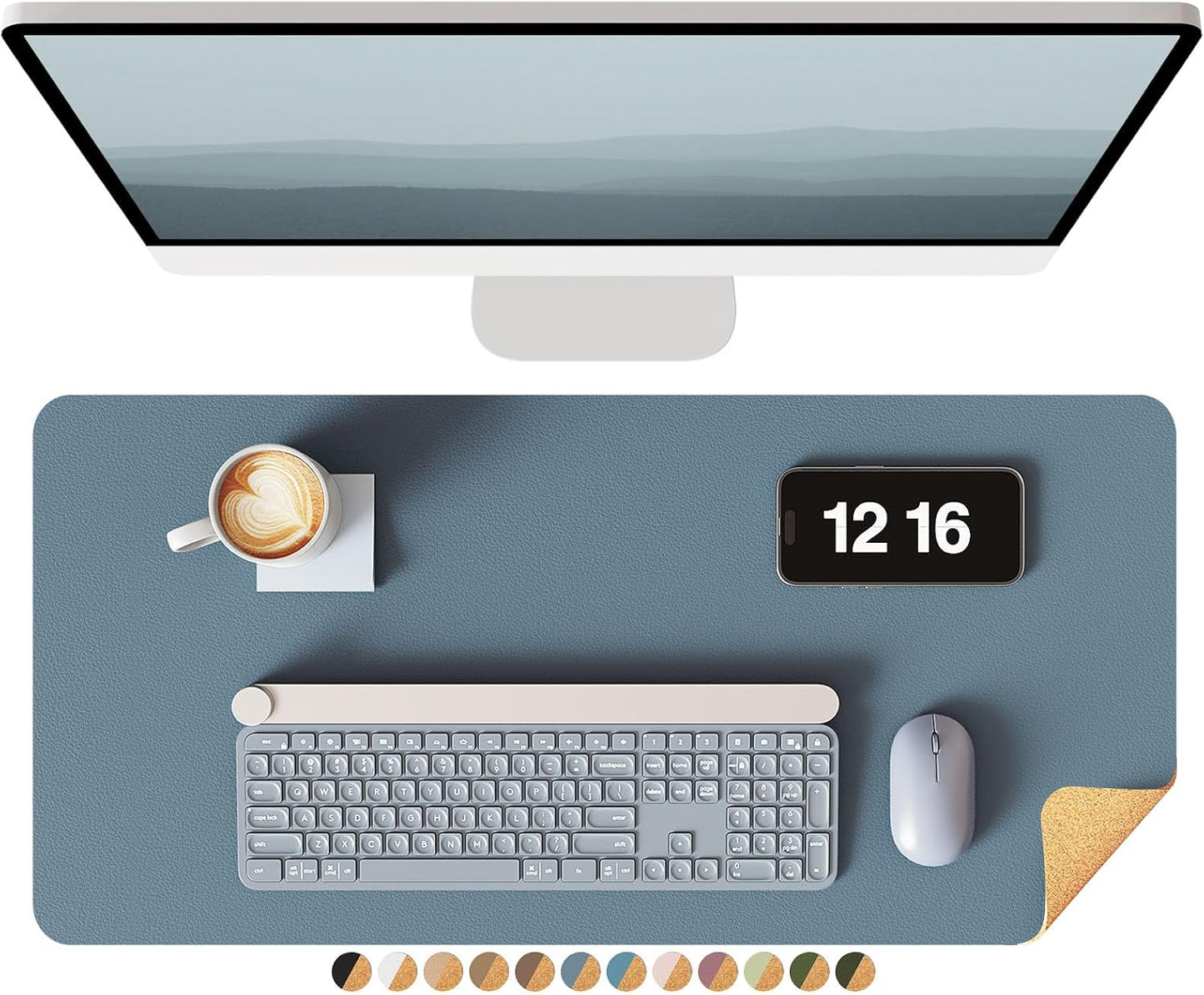 YSAGi Double-Sided Desk Pad, Leather Desk Mat, Eco Cork Desk Pad Protector, Large Mouse Pad for Desk, Waterproof Desk Blotter Pad, Desk Writing Pad for Office Work/Home(23.6"x13.7",Cork+Blue Grey)