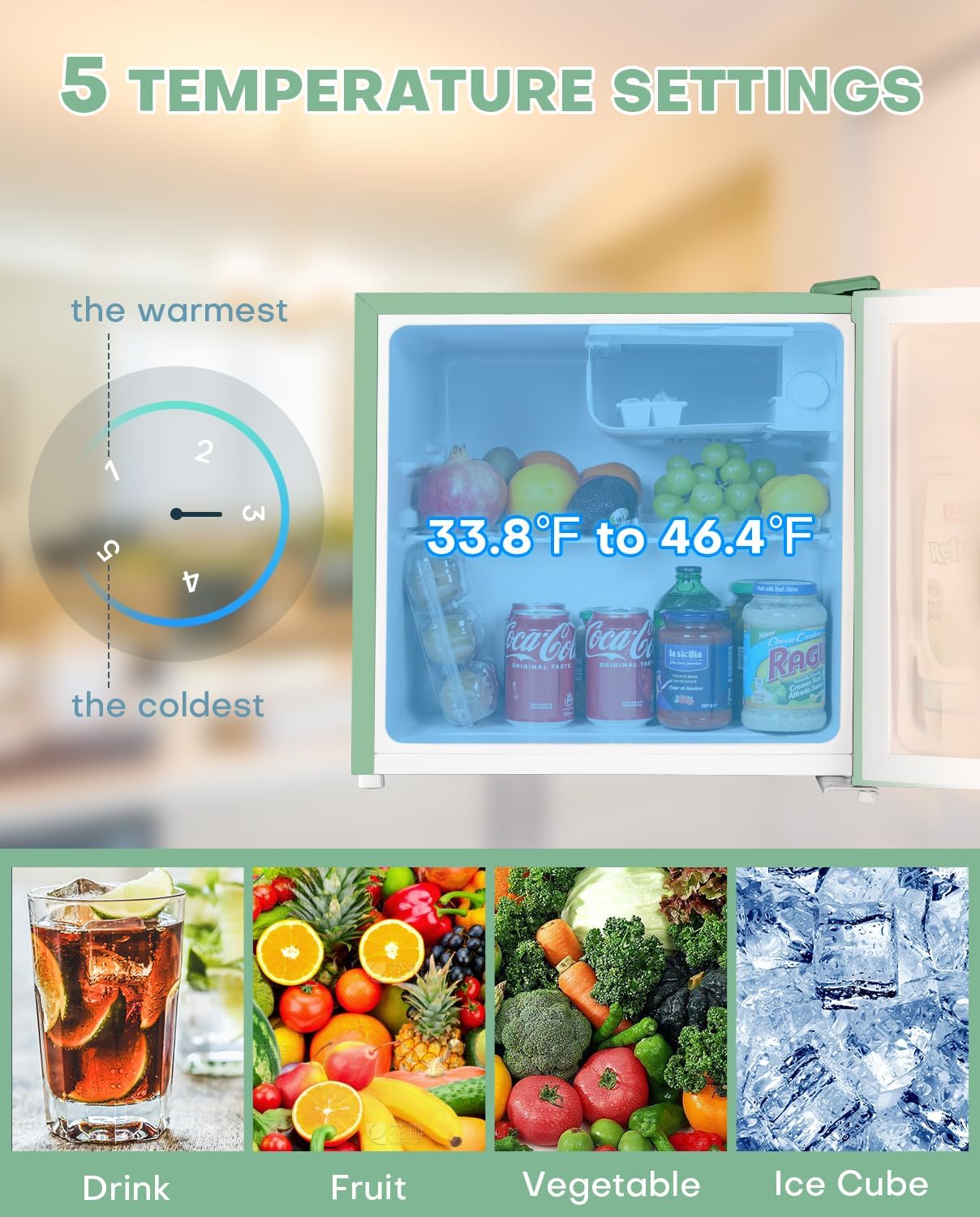 Upstreman 1.7 Cu.ft Mini Fridge with Freezer, Dorm Essentials, Adjustable Thermostat, Energy Saving, Low Noise, Single Door Compact Refrigerator for Dorm, Office, Bedroom, Mint Green-FR17