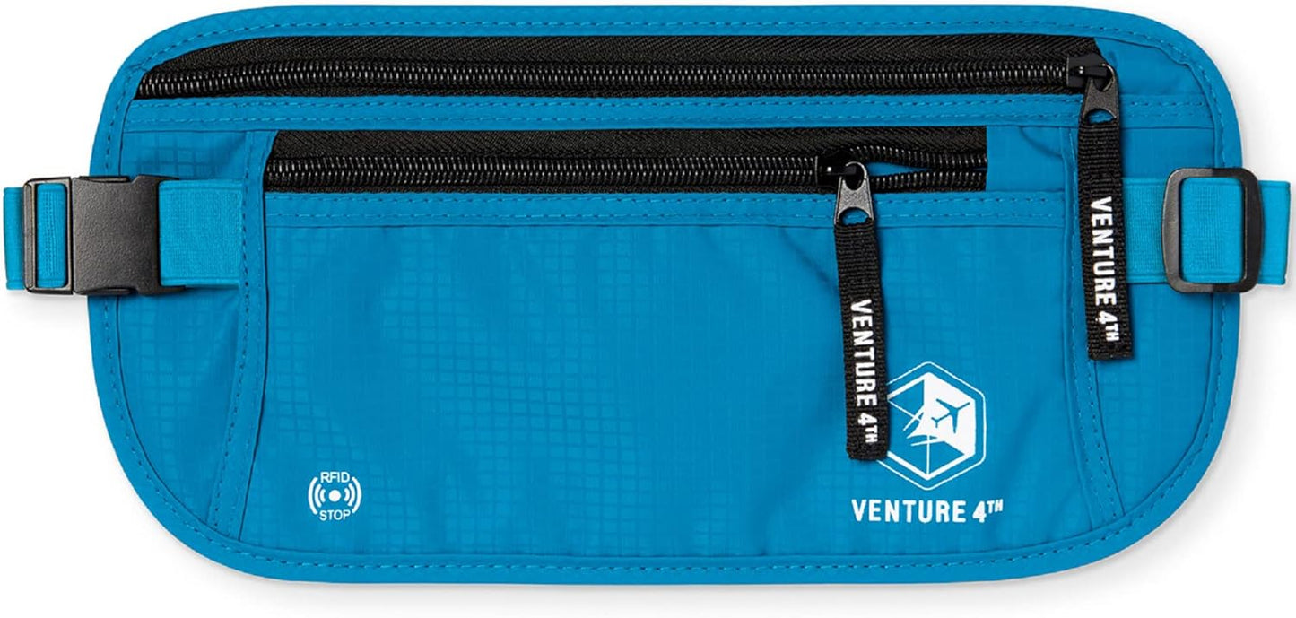 VENTURE 4TH Travel Money Belt - Slim Passport Holder RFID Blocking Travel Pouch to Protect Cash, Credit Cards and Travel Documents (Blue)