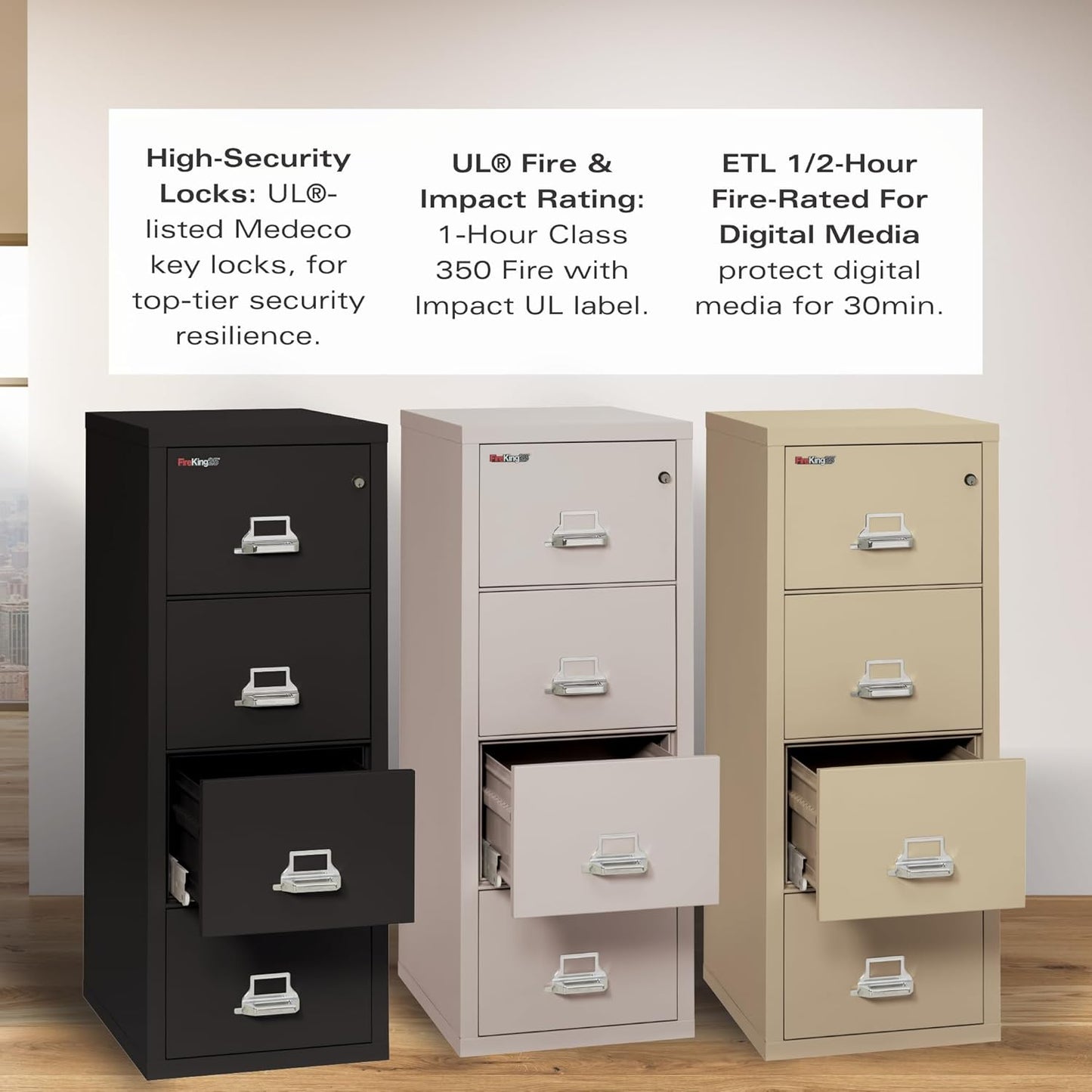 FireKing Fireproof Vertical File Cabinet (4 Letter Sized Drawers, Impact Resistant, Waterproof), 52.25" H Black, 18 W x 25 D, (41825CBL)