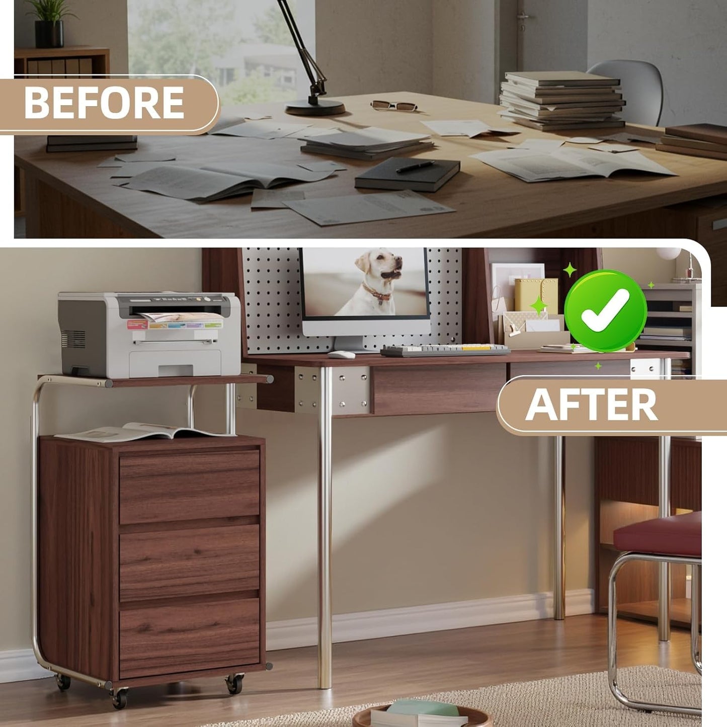 JOMEED 3 Drawer File Cabinet with Extended Desktop Lockable Wheels Under/Beside Desk Storage and Organizer Cabinet for Home Office, Small Rolling File Chest, Printer Stand, Modern Style, Walnut, Large