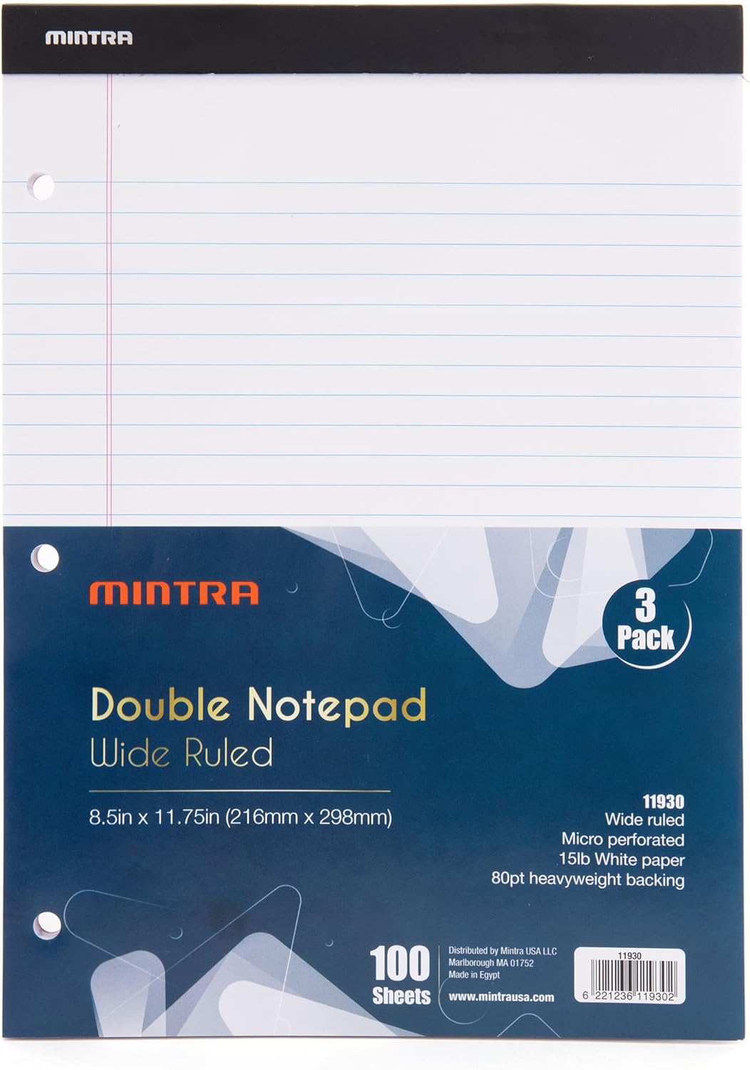 Mintra Office Legal Pads (Double Pad 3pk (White), 8.5in x 11in (Wide Ruled))