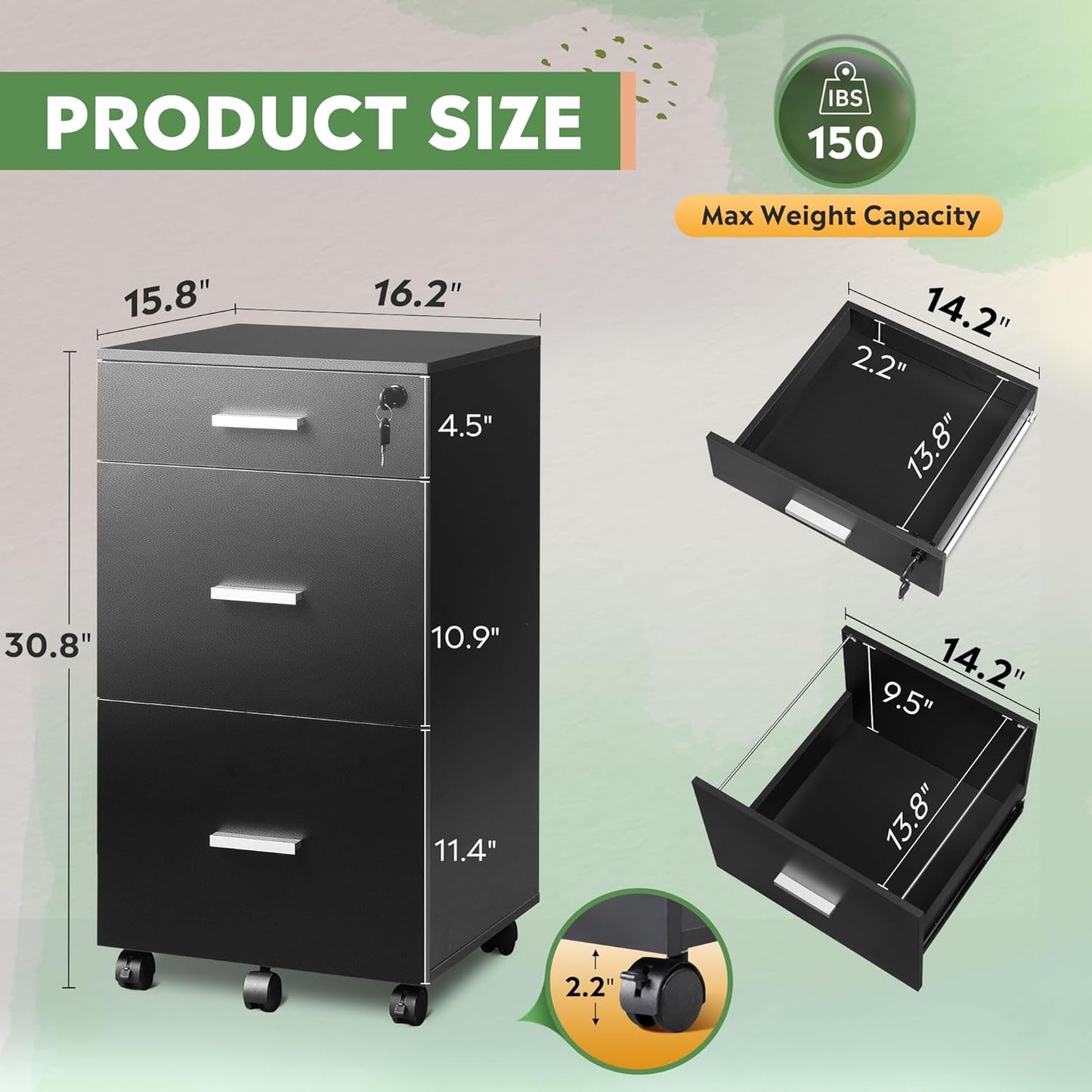 DEVAISE 3 Drawer Rolling File Cabinet with Lock, Wood Filing Cabinet fits Letter / A4 Size for Home Office, Black