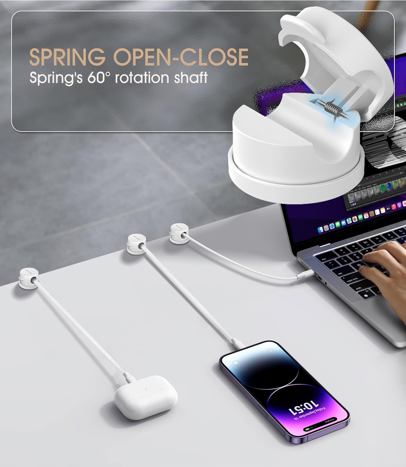 9 Pack Spring Cord Organizer Cable Clips [Locking Cable Rotatable], 2025 Latest Nearockle Phone Charging Cord Holder Cable Management for Car, Nightstand, Office Desk Accessories (White)