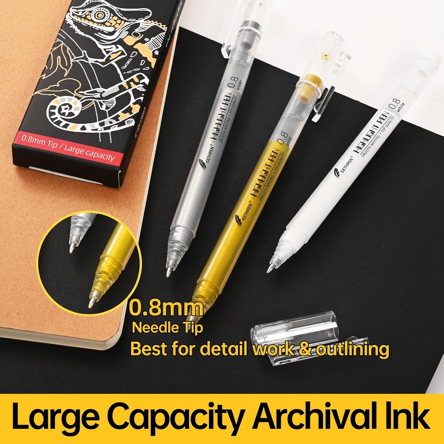 0.8mm Gold Gel Pens 3-Pack – Extra Fine Point Opaque Ink for Black Paper Drawing, Sketching, Bullet Journaling & Holiday Card Design