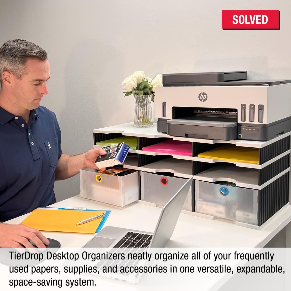 Desktop Organizer 6 Letter Tray Sorter Plus Riser Storage Base & 3 Storage Drawers - Ultimate Office TierDrop Plus Stores All of Your Documents and Supplies in One Compact Modular System