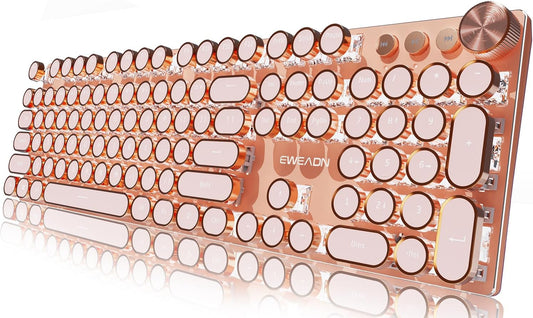 EWEADN Typewriter Style Mechanical Gaming Keyboard, Wired Mechanical Keyboards,104 Keys Backlit LED Keyboards, Media Control Knob, Wired Computer Keyboard Pink Switch for Windows/Mac/PC-Pink