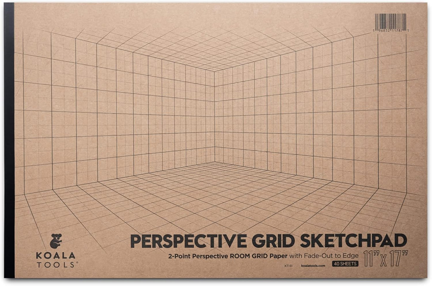 Koala Tools - 40-Page Drawing Pad for 2-Point Perspective, Room Grid Sketch Pad with 3D Virtual Walls Design, Gridded Graph Paper for Interior Room Design, Industrial, Architectural 11 x 17 inches