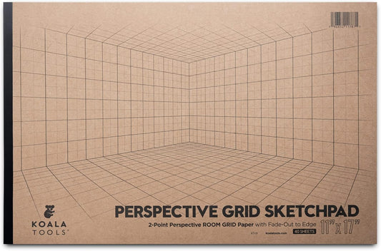 Koala Tools - 40-Page Drawing Pad for 2-Point Perspective, Room Grid Sketch Pad with 3D Virtual Walls Design, Gridded Graph Paper for Interior Room Design, Industrial, Architectural 11 x 17 inches