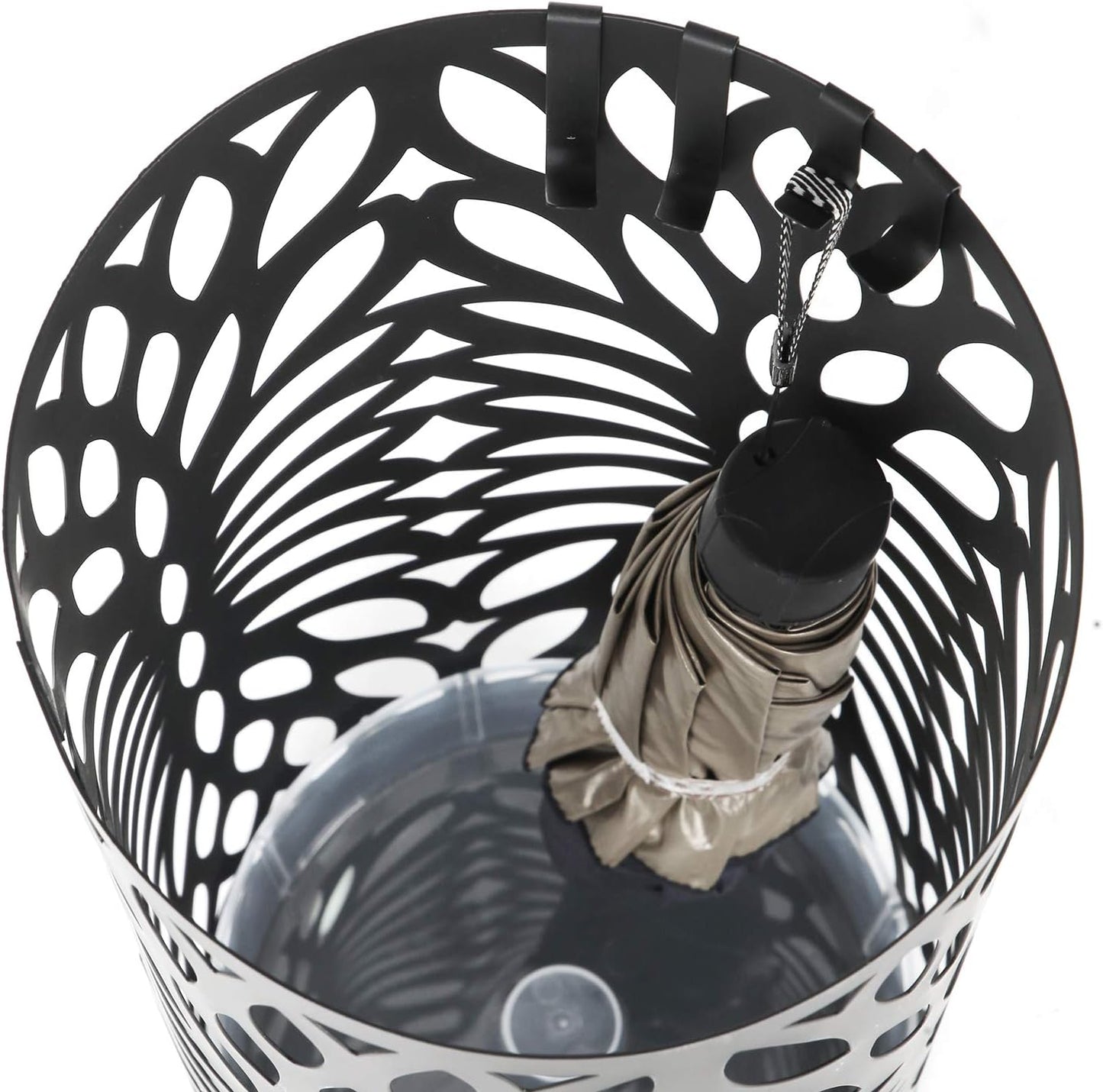 SONGMICS Umbrella Stand, Umbrella Holder for Entryway, Steel Round Umbrella Rack Freestanding, for Canes Walking Sticks, with a Detachable Drip Tray, 2 Long and 2 Short Hooks, Matte Black ULUC20B