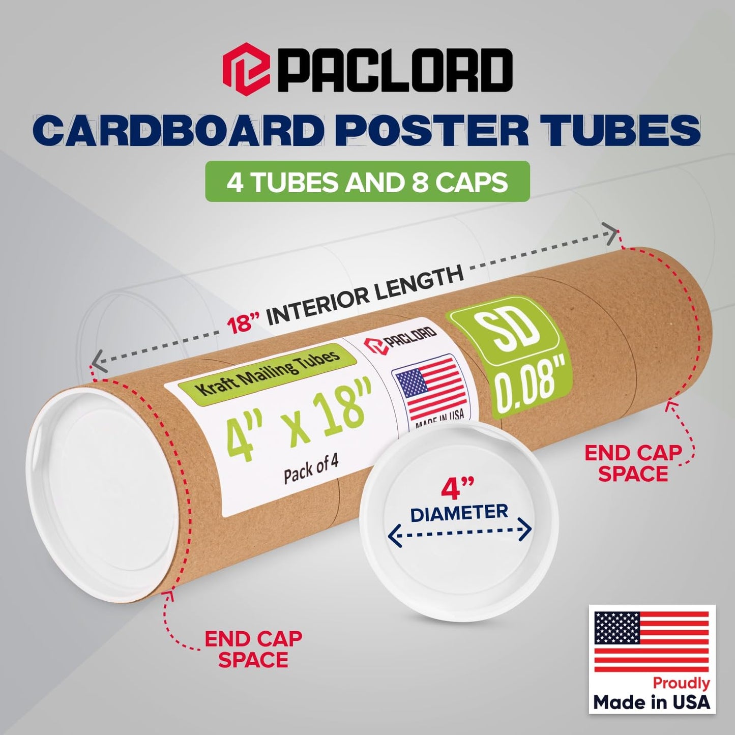 4" x 18" Reinforced Kraft Paper Mailing Tube, Pack of 4 Tubes with 8 Caps – Secure USPS Approved Poster Tube – Cardboard Tube for Shipping and Storing Posters, Prints, Artwork, or Documents