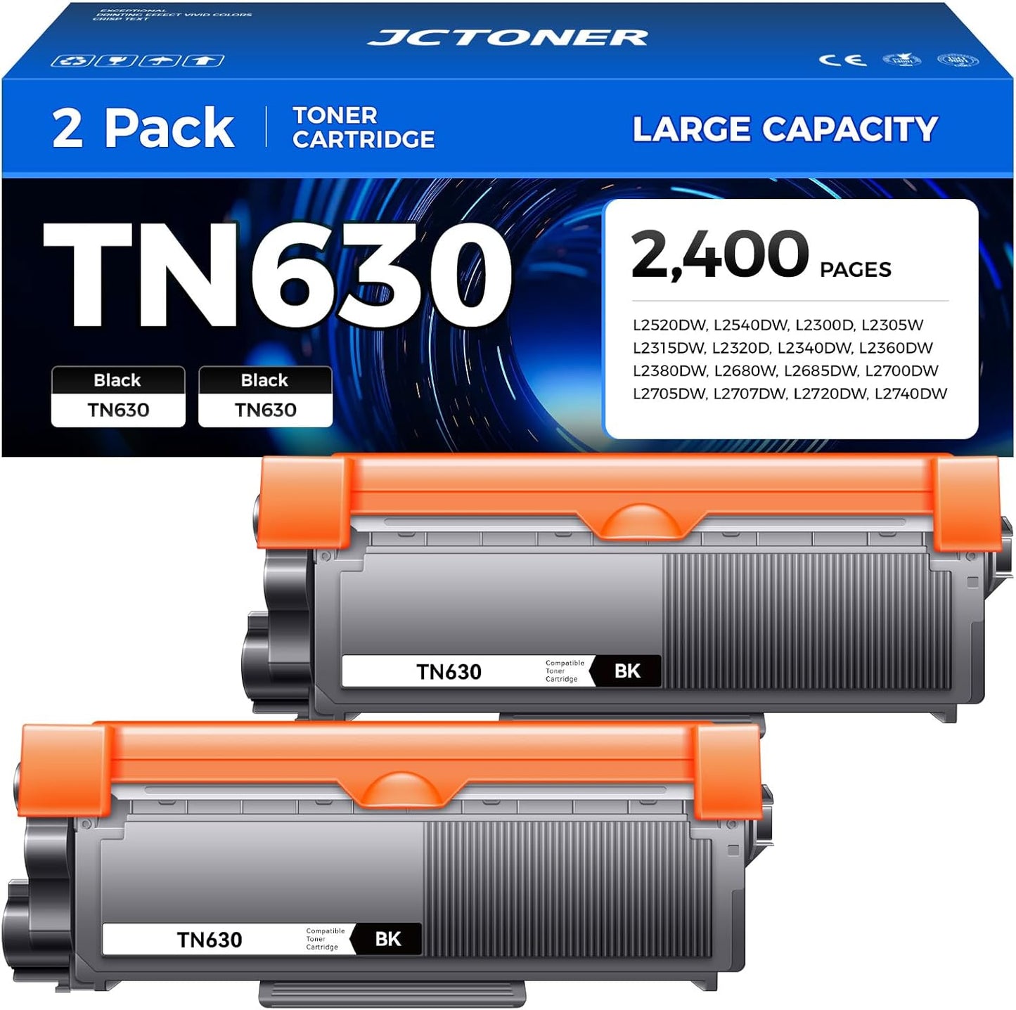 TN630 Black Toner Cartridge 2-Pack Replacement Compatible for Brother TN-630 TN660 TN-660 HL-L2380DW HL-L2320D HL-L2340DW DCP-L2540DW MFC-L2700DW MFC-L2720DW HL-L2300D HL-L2360DW MFC-L2740DW Printer