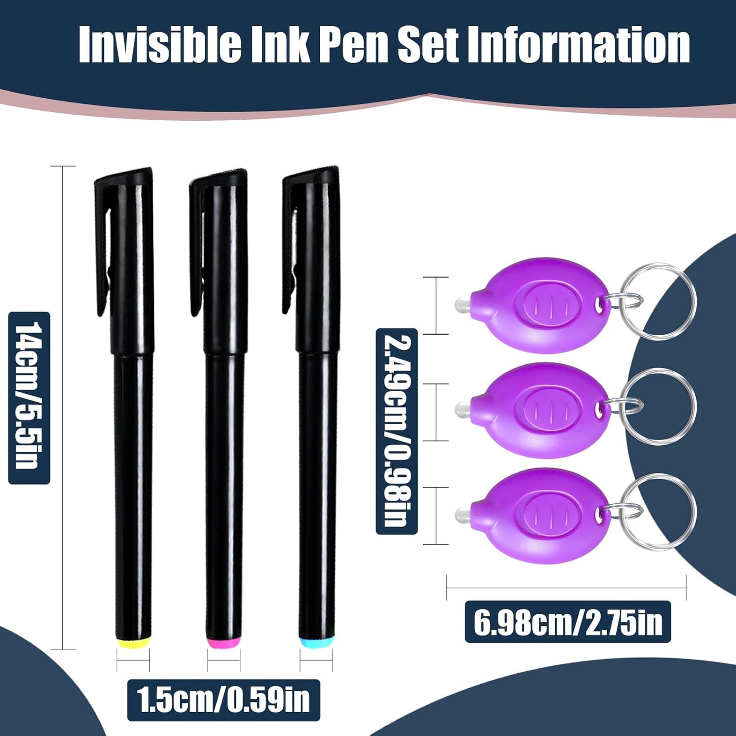 Invisible Ink Pens with UV Light, Magic Spy Pens with Mini UV LED Keychain Flashlights for Secret Messages, Disappearing Ink Pens with Black Light for Kids, Ideal (3PCS)