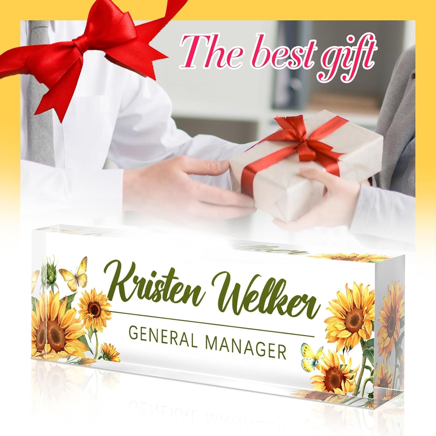 Personalized Name Plate for Desk - Custom Engraved Name Plates for Man - Boss Day Gifts for Boss - Acrylic Office Decor Appreciation Gifts for Teacher Nurse Coworker Social Worker (Sunflower)