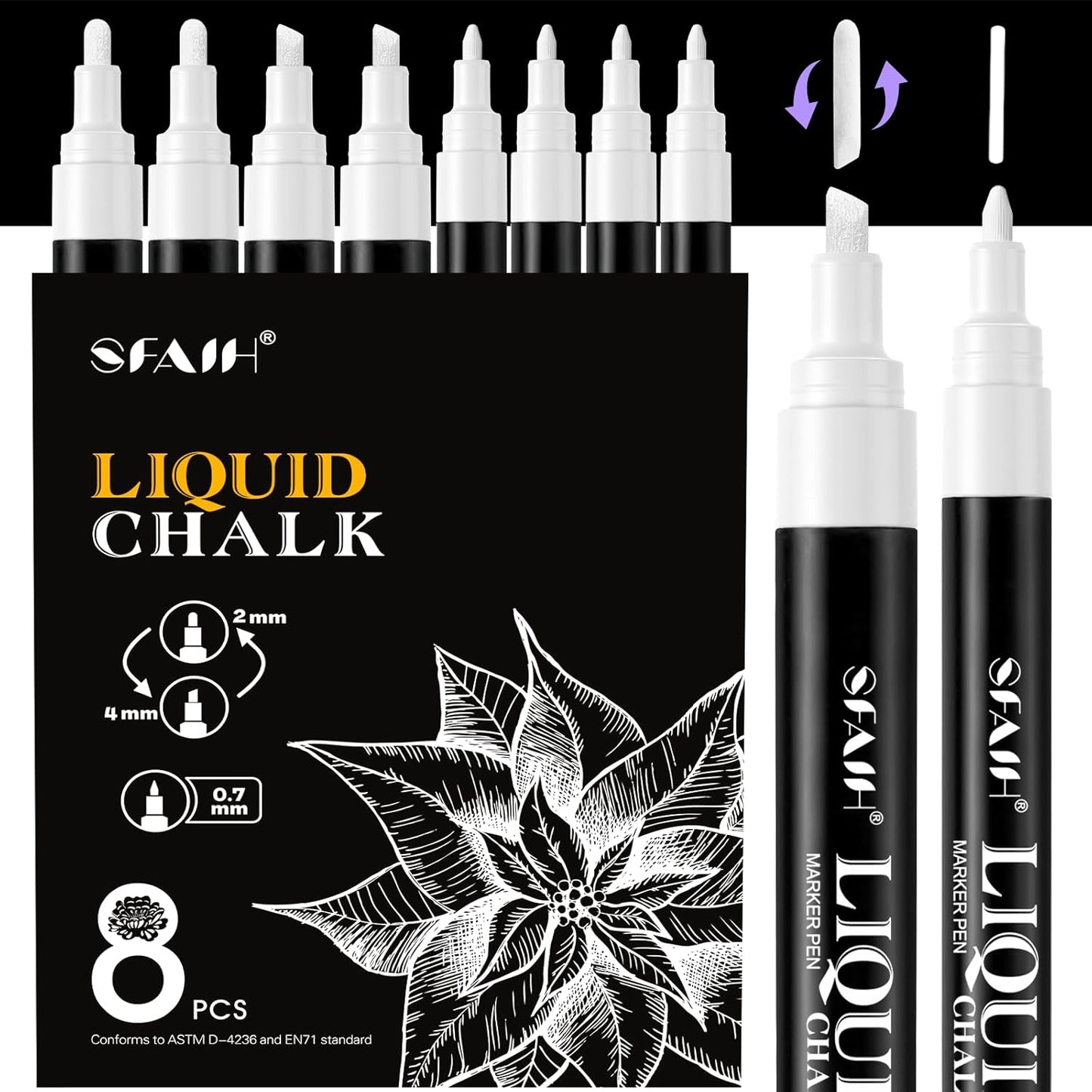 SFAIH White Liquid Chalk Marker Pen - 8 Wet Erase Chalkboard Markers for Blackboard, Signs, Windows, Glass, 4.5-6mm Reversible Tip & 0.7-1mm Fine Tip