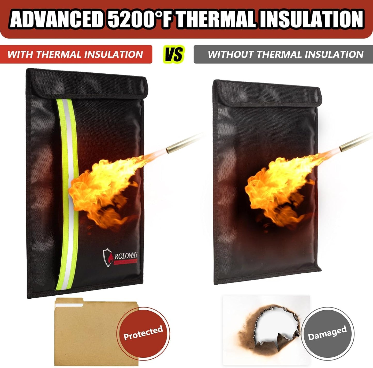 ROLOWAY Fireproof Document Bag (15.5 x 11.5 inch) with 2 Pockets and 5200℉ Aluminum Foil Layer, Fireproof Bag for Document Safe (Black)