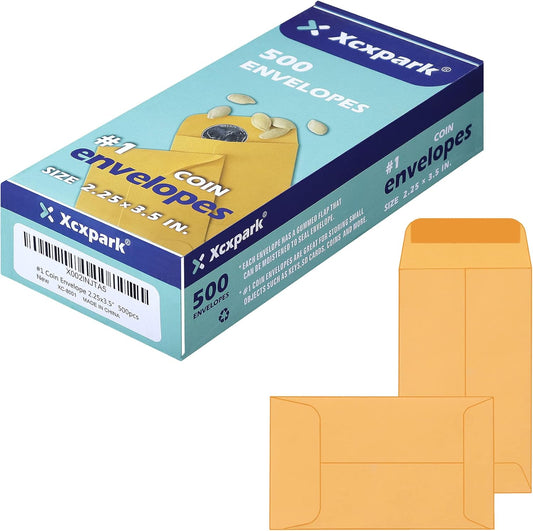 500 PCS #1 Coin Envelopes, 2-1/4” x 3-1/2” inches Brown Kraft Envelopes Classic Small Parts Envelopes with Self Adhesive Gummed Flap for Coins, Cash, Credit Cards, Seeds