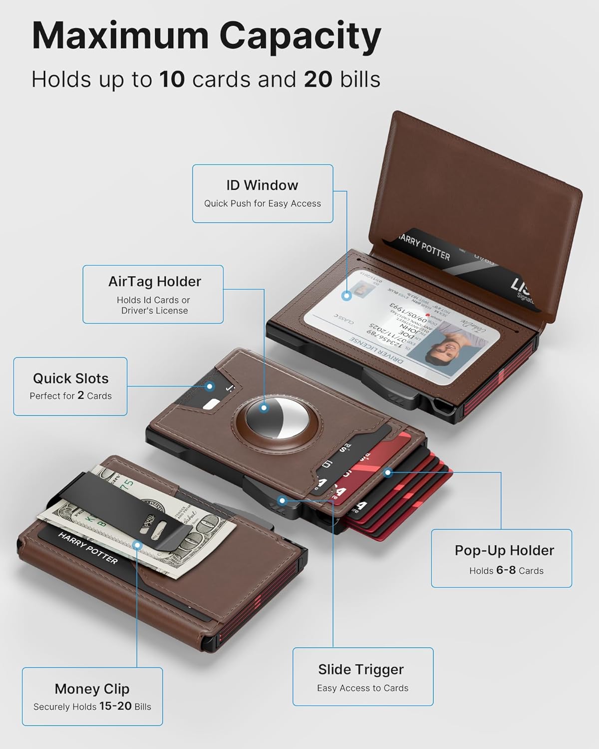 typecase AirTag Wallet for Men: Pop Up Card Case, Secure Holder for Apple Air Tag, Premium Leather, Smart, RFID Blocking, Slim, Minimalist, Thin, 13 Cards Capacitiy | ID Window | Money Clip (Brown)