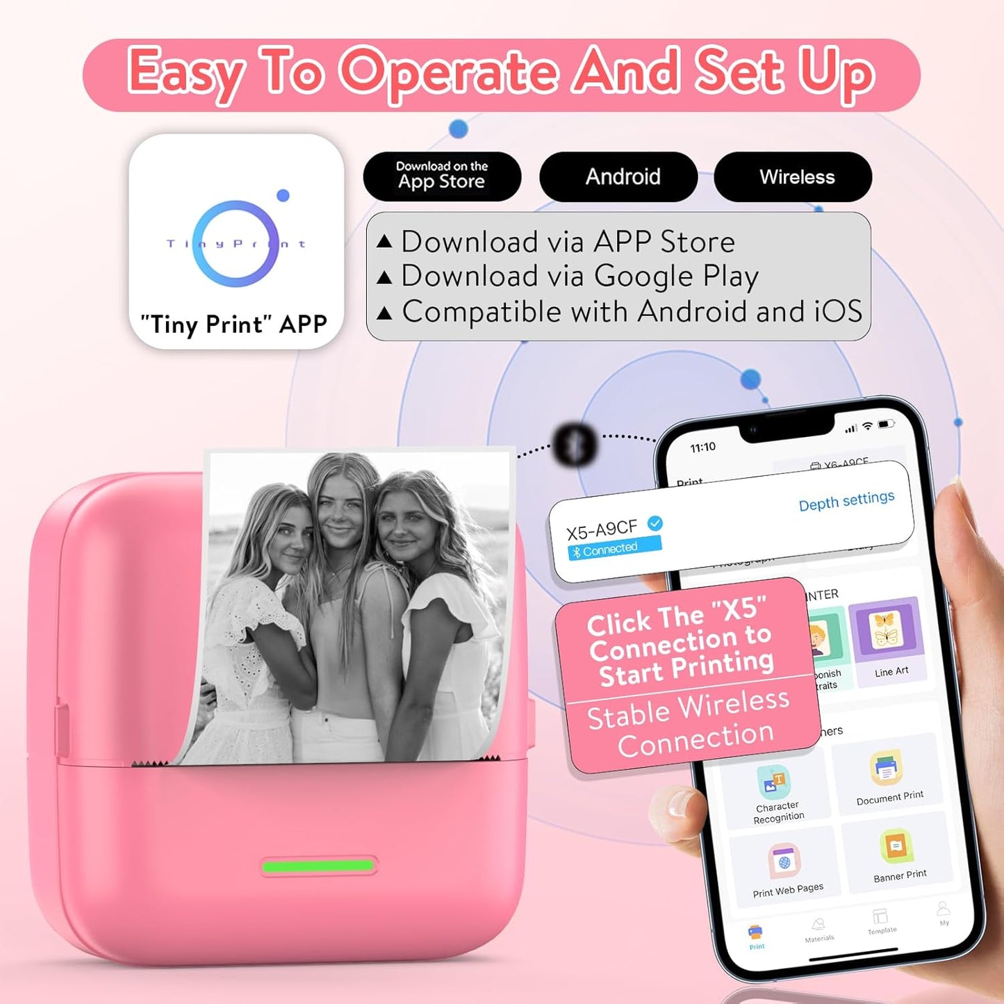 HuiJuKeJi Mini Sticker Printer Bluetooth Smart Pocket Inkless Thermal Printer with 11 Rolls Thermal Paper and Sticker for iOS&Android, Portable Receipt Printer for Photo Note Memo (Rose)