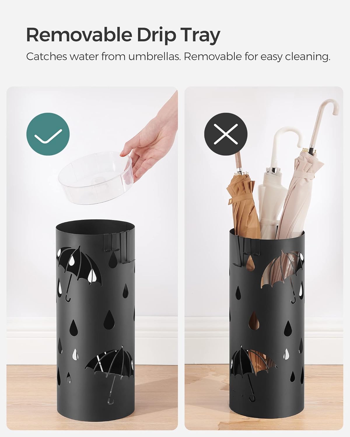 SONGMICS Umbrella Stand, Metal Umbrella Holder for Entryway, with Water Tray and 4 Hooks, 6.7 x 6.7 x 16.1 Inches, Round, Ink Black ULUC024B01