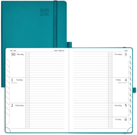 POPRUN Planner 2025-2026 (Medium 6.75''x 8.75''), Horizontal Weekly Notebook Jul.2025 - Jun.2026, Academic Appointment Book with Monthly Tabs, Leather Hardcover, Inner Pocket, 100 GSM - Pacific Green