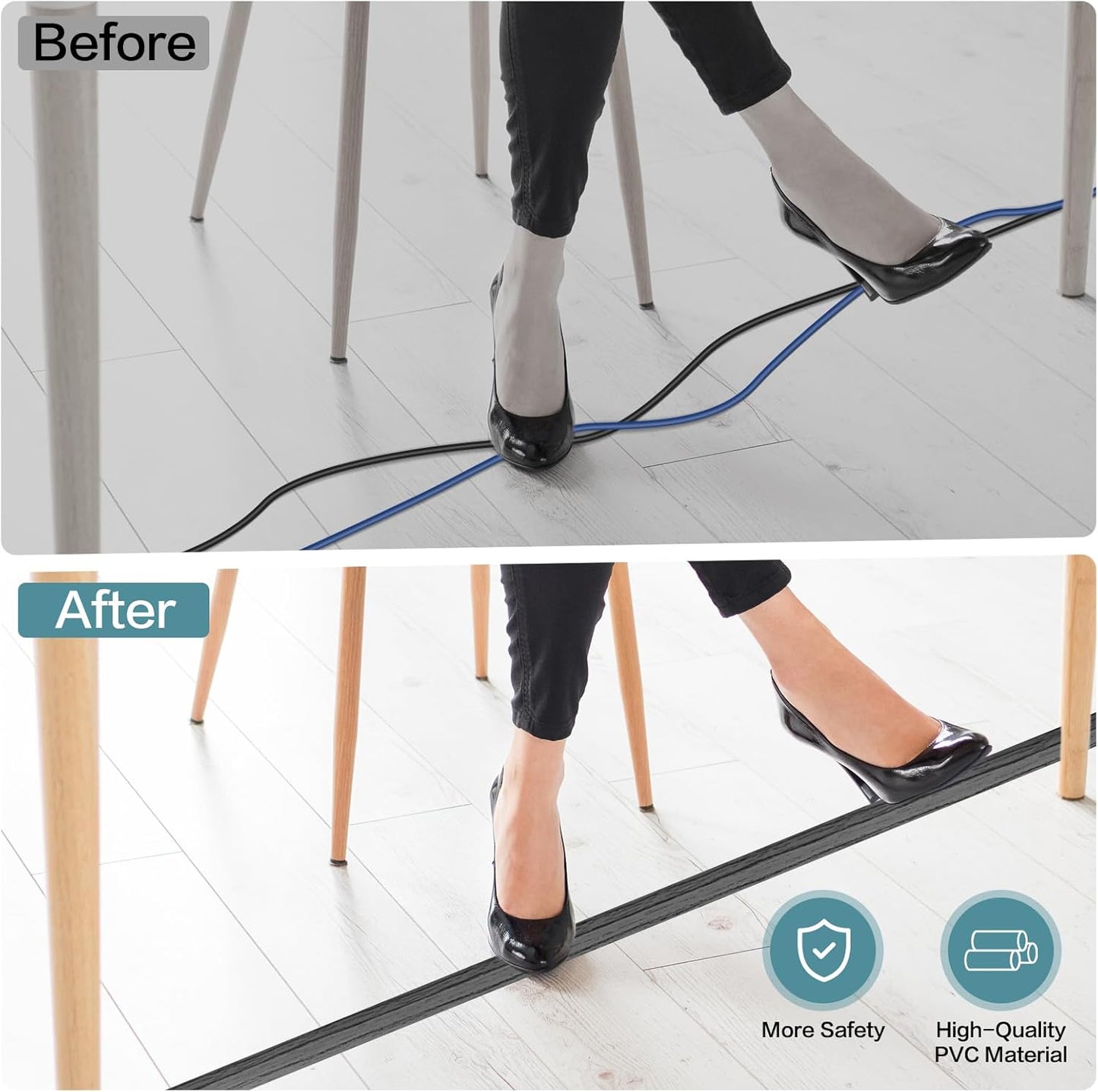 Floor Cord Cover Self Adhesive Cord Hider Floor Extension Cord Covers for Floor Power Cord Protector Cable Management Prevent Cable Trips Cable Cavity 0.32" W x 0.32" H (Deep Grey Wood, 20Ft)