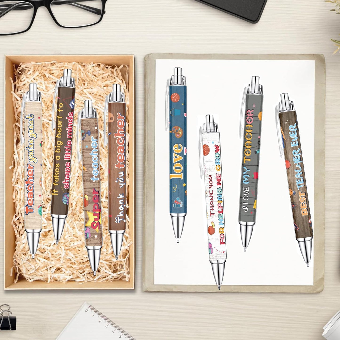 Idealmuzik 8 Teacher Pens,Gift for Teacher,Fun Cute Funny Best Pens Set,Teach Love Inspire Writing School Sayings Preschool Appreciation Gifts in Bulk