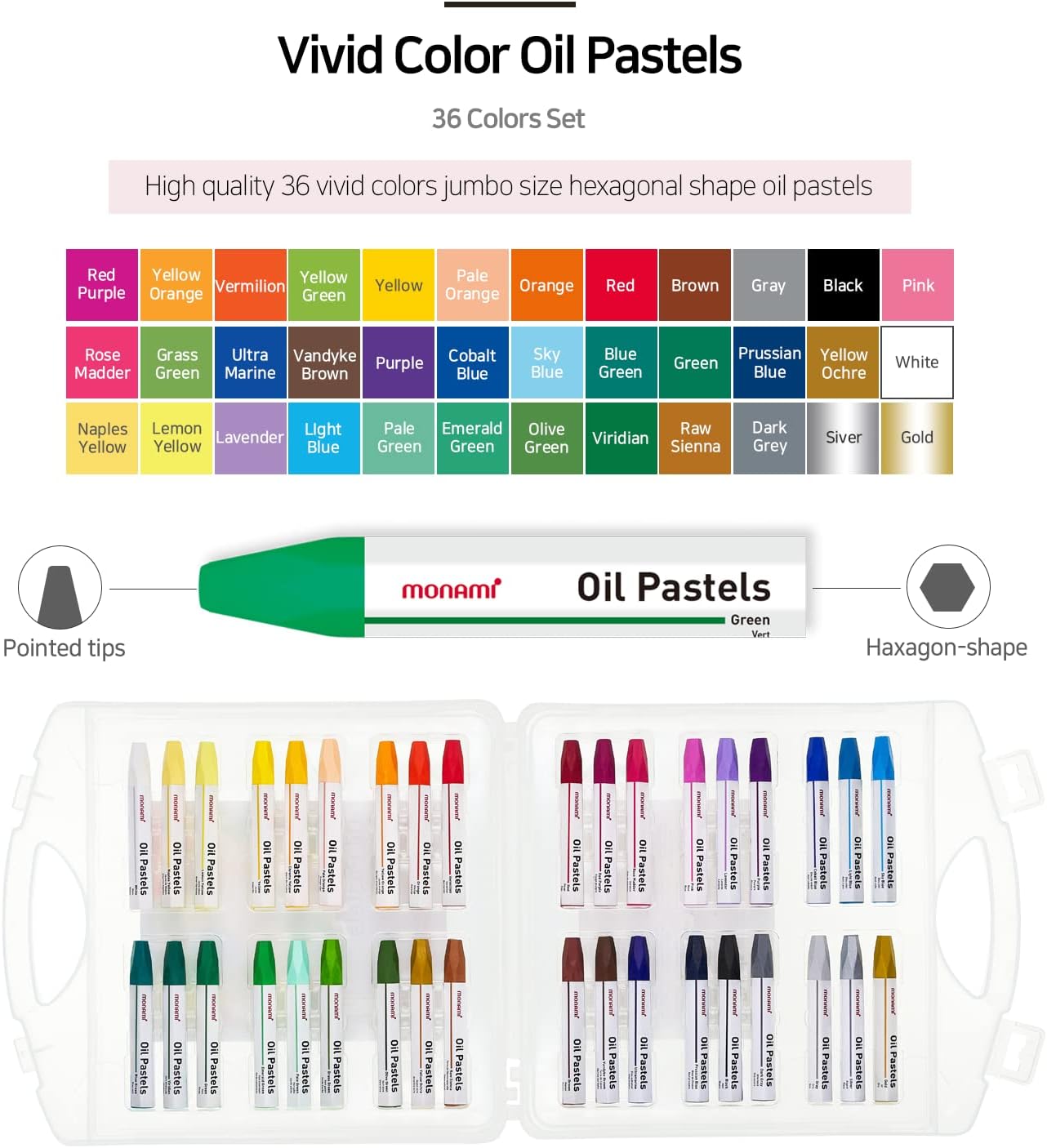 MONAMI Oil Pastels, Jumbo Size Hexagonal Shape Oil Pastels for Kids and Students with Handy Carrying Case, 36 Vivid Colors Pack