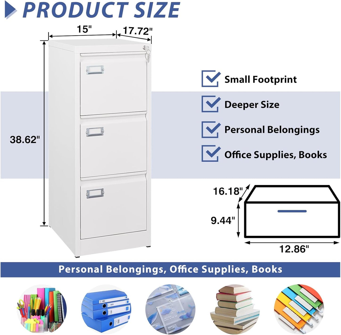 3 Drawer File Cabinet, Filing Cabinets for Home Office, Metal Vertical File Storage Cabinet with Lock, Locking File Cabinet for A4 Legal/Letter, 15" W x 17.7" D x 38.6" H, Assembly Required