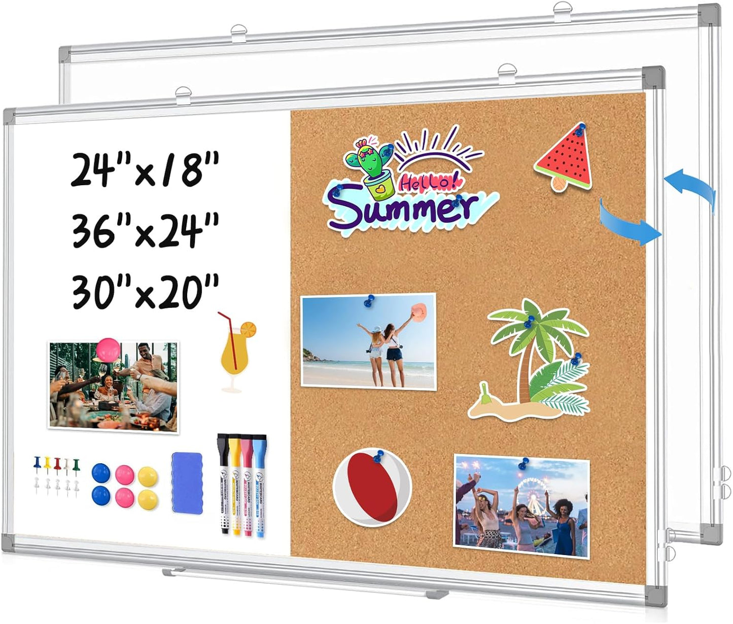 WALGLASS Combination Magnetic Whiteboard & Corkboard, 24"x18" Combo for School, Office & Home, Dry Erase Board with Removable Tray, Pins, Eraser, Markers & Magnets