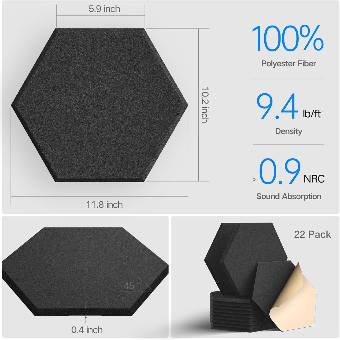 22 Pack Self-adhesive Acoustic Panels 12" X 10" X 0.4" - Sound Proof Foam Panels with High Density, Hexagonal Design, Flame Resistant, Absorb Noise and Eliminate Echoes(Black)