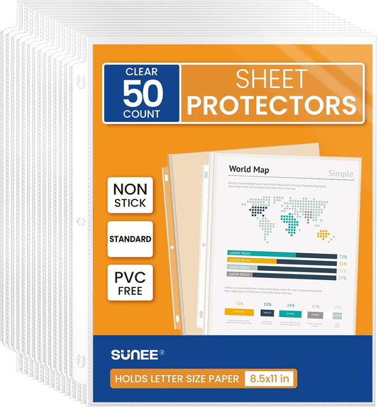 SUNEE Sheet Protectors 50 Packs for 3 Ring Binder, PVC-Free Clear Page Protectors 8.5x11 Inches Plastic Sleeves for Paper, Documents, Photos, Top Loading Binder Sleeves Letter Size