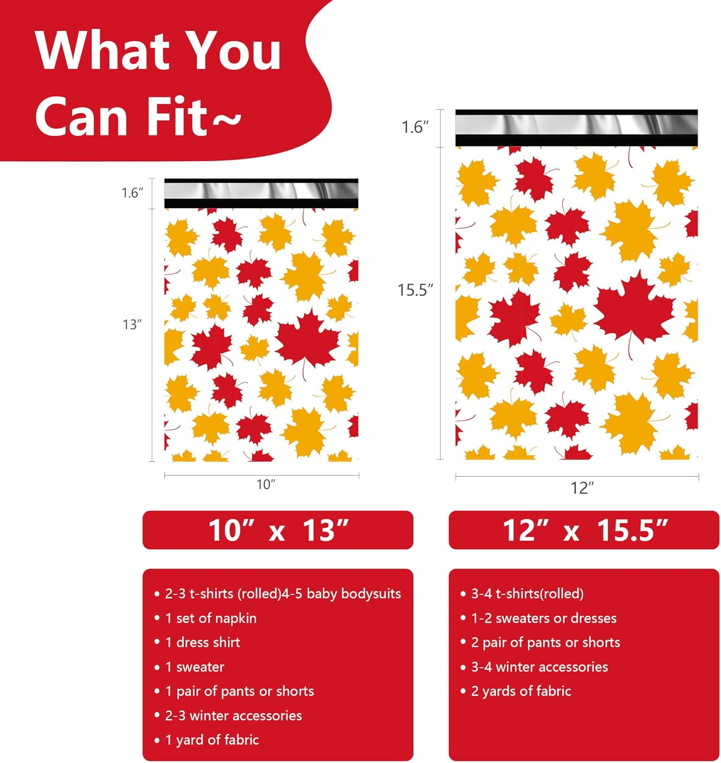 Poly Mailers 12x15.5 Inch 50 Pcs - Maple Leaf printed Shipping Bags, 2.4mil Thickness, Waterproof and Tear Resistant Mailing Envelopes, Self-Sealing Packaging Bags for Small Business